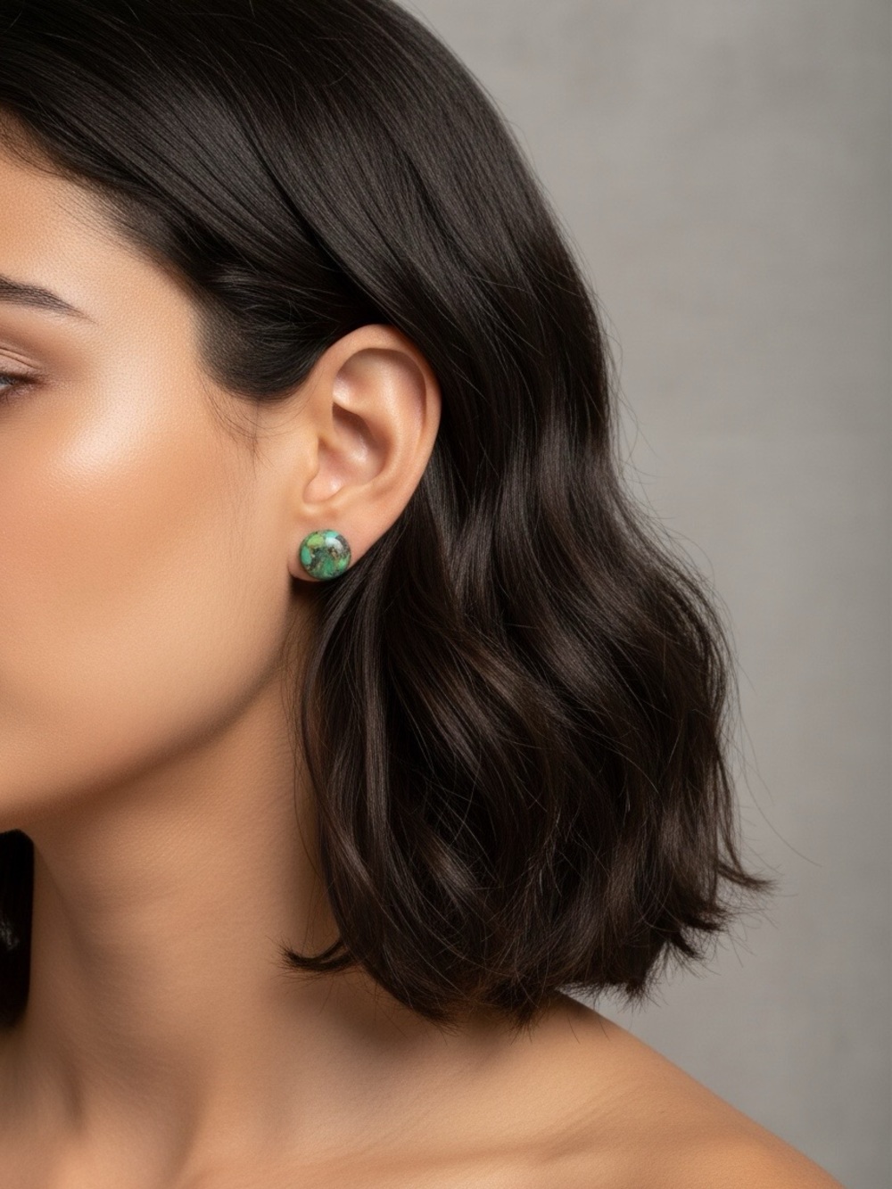 Green Mosaic Stone Stud Earrings – Gold Tone - Picture 2 of 2